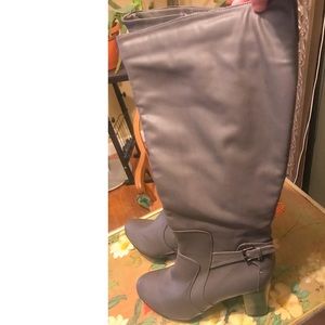 Grey Pleather Heeled Knee High Boots 10